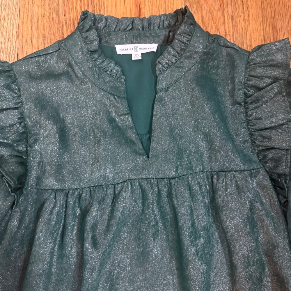 Michelle McDowell Green Metallic Shimmer Ruffle Mock Neck Blouse Top XS Holiday